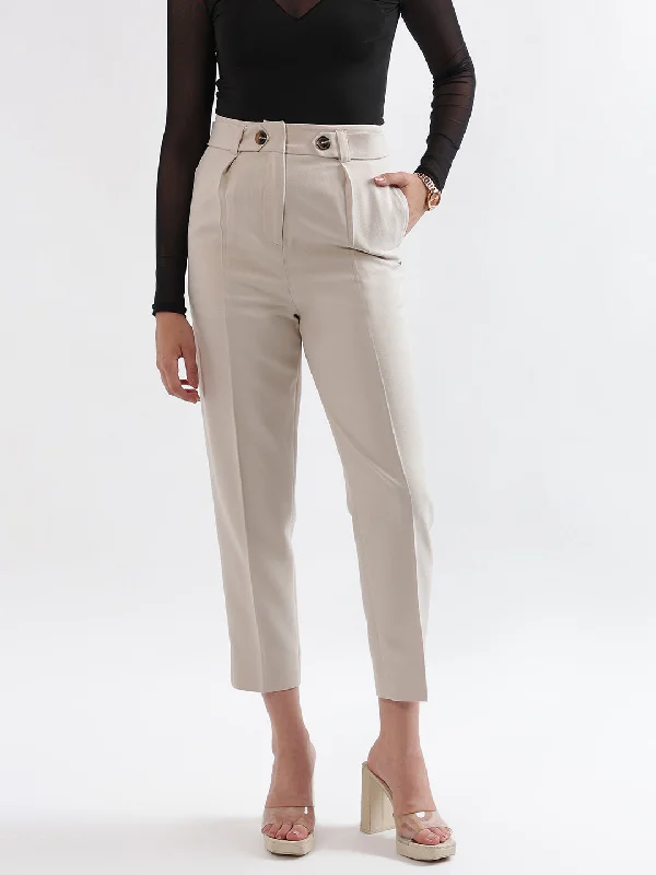 Elle Women Beige  Solid Relaxed Fit Trouser