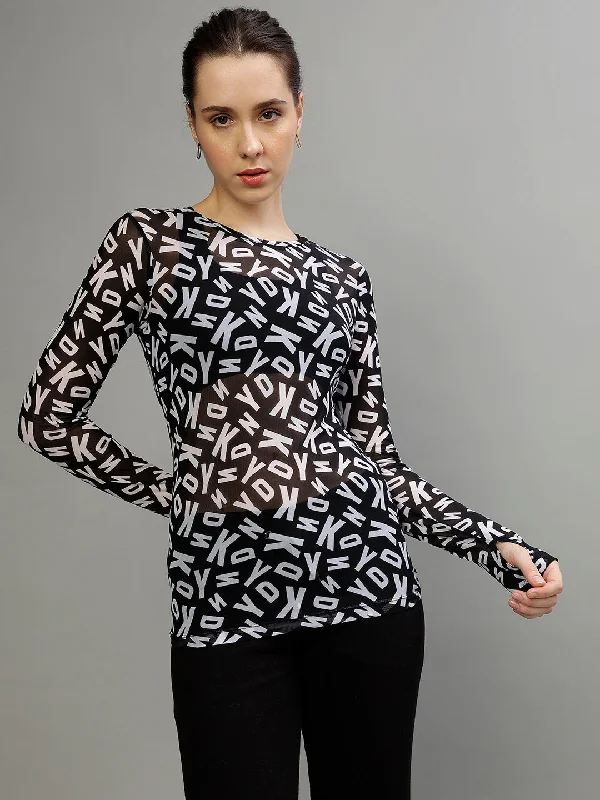 Dkny Women Printed Round Neck Full Sleeves Top