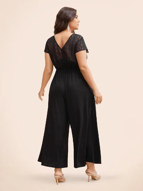 Overlap Collar Drawstring Mesh Cap Sleeve Jumpsuit