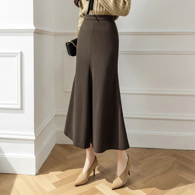 FashionSierra - New Korean Office Ladies Mermaid 2024 Autumn Winter Woolen Long Women Fashion High Waist Wool Midi Skirt