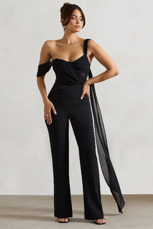 Fatale | Black Draped-Sleeve Corseted Jumpsuit With Sash