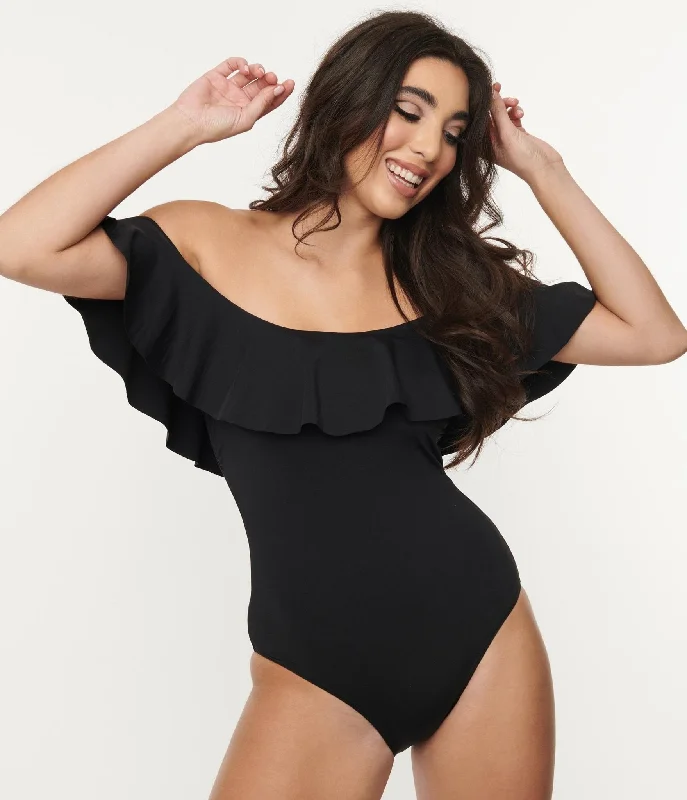 1970s Black Off Shoulder Ruffle Swimsuit