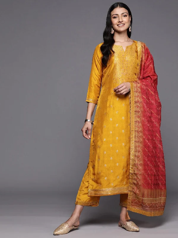 Mustard Self Design Silk Blend Straight Kurta With Trousers & Dupatta