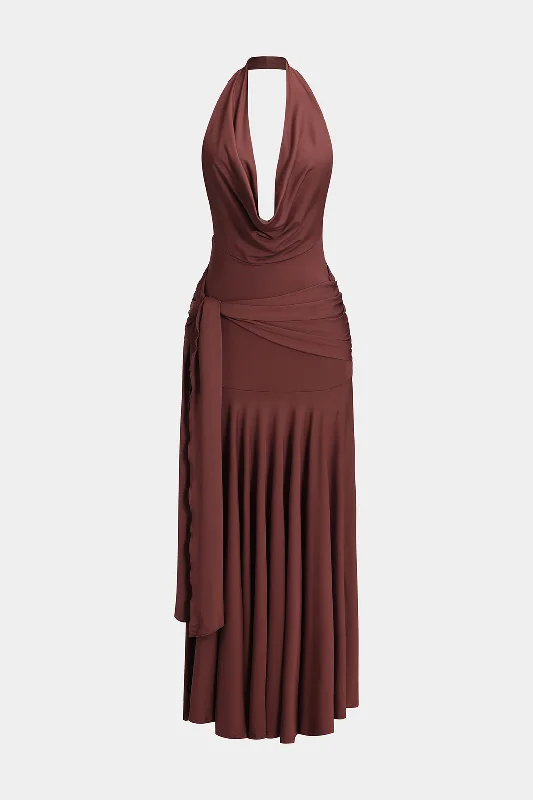 Ruched Strappy Halter Neck Backless Cowl Neck Maxi Dress