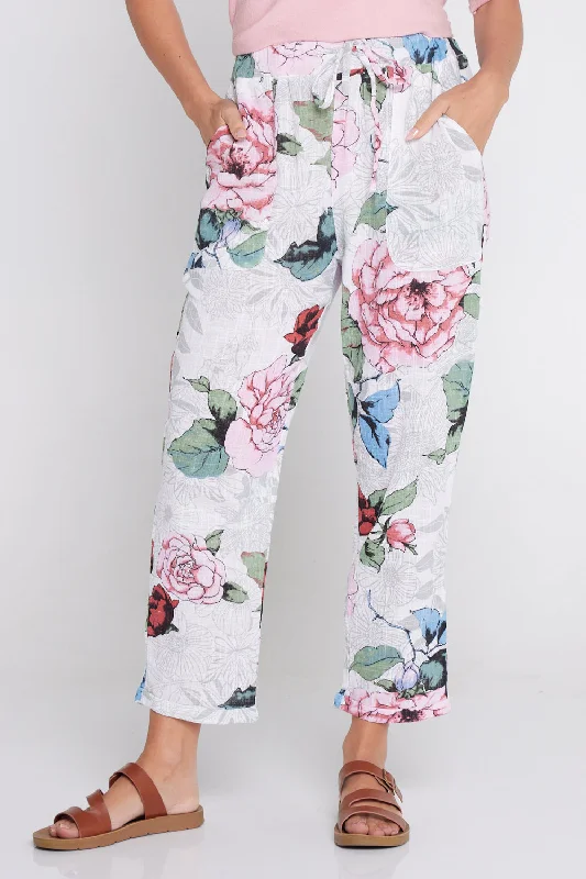 Kiana Linen Pants  - White Floral