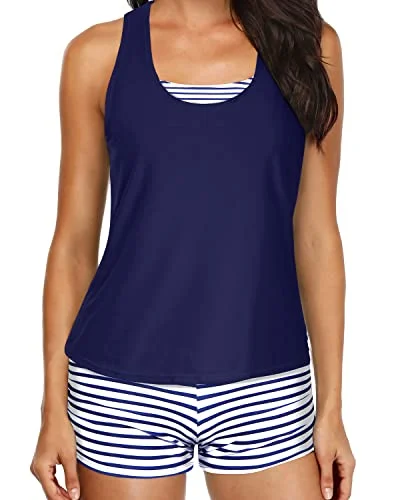 3 Piece Womens Tankini Swimsuit Push Up Padded Bra Athletic Bathing Suit-Blue White Stripe