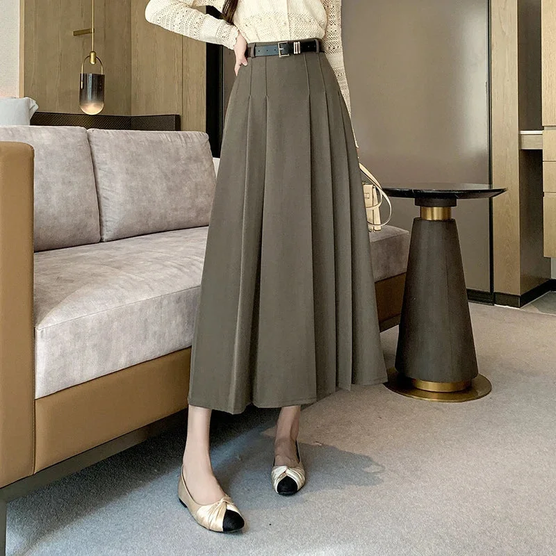 FashionSierra - Midi Women 2024 Spring Summer High Waist A-line Pleated Korean Casual Long Suit Ladies Fashion Umbrella Skirt