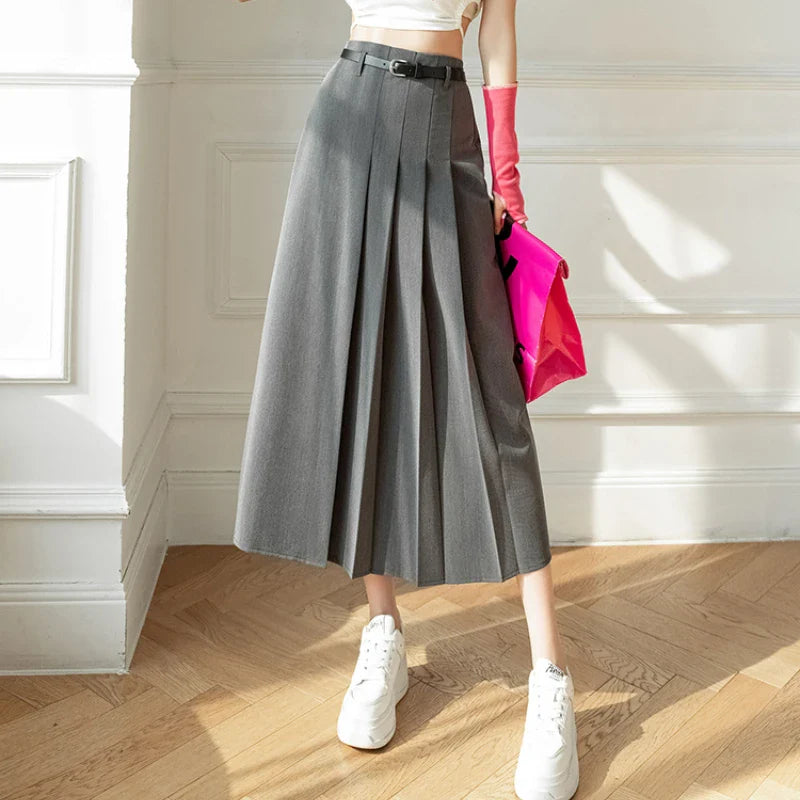 FashionSierra - Fashion High Waist A-line Pleated Women Long Office Lady Elegant Suit 2024 New Spring Summer Midi Skirt