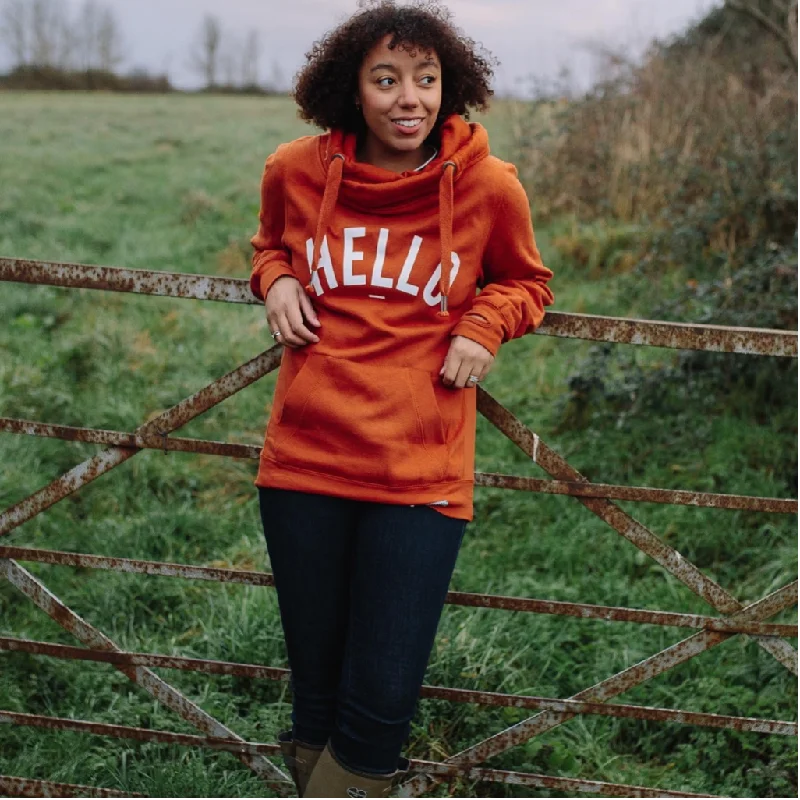 New: Rust Hello Cowl Neck Hoodie