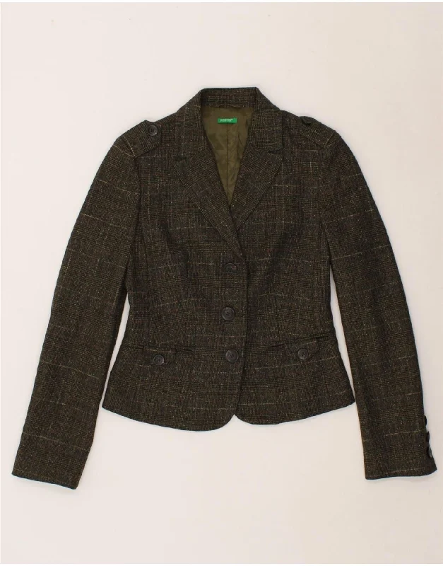 BENETTON Womens 3 Button Blazer Jacket IT 42 Medium Khaki Check Wool