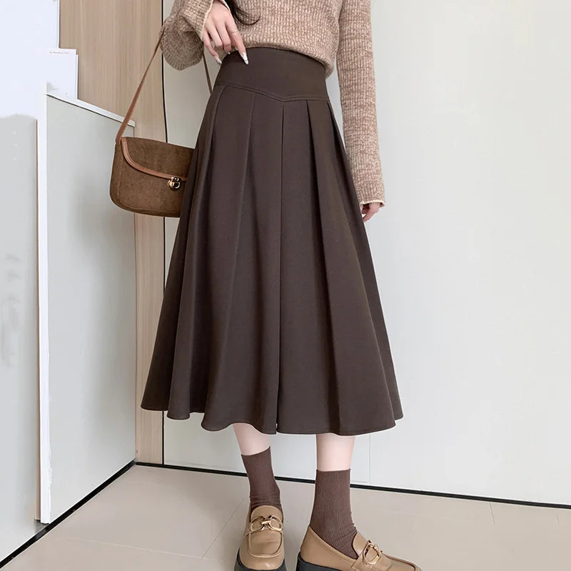 New Autumn Winter Woolen Womens Korean Ladies Fashion High Waist Wool Pleated Female A-line Long Skirt