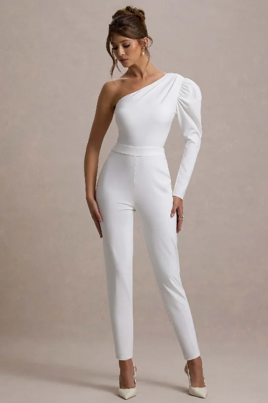 San Jose | White One-Shoulder Puff-Sleeve Jumpsuit