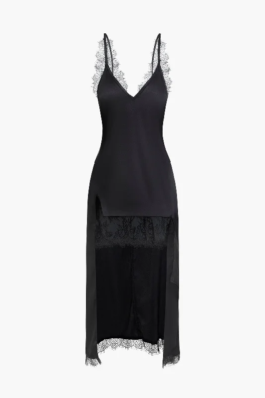 Solid Asymmetrical Lace V-Neck Maxi Dress