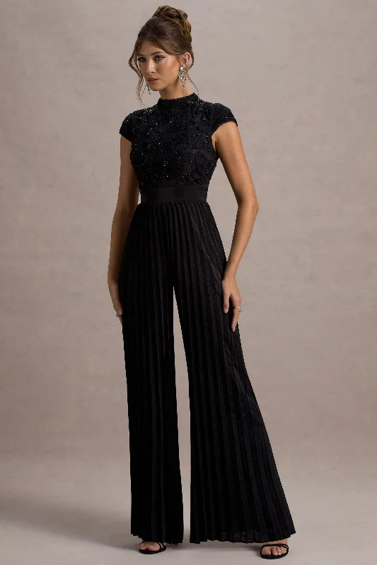 Tanner | Black Cap-Sleeve Plisse Wide-Leg Jumpsuit