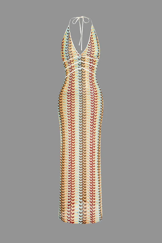 Striped Crochet Halter V-neck Backless Slip Maxi Dress