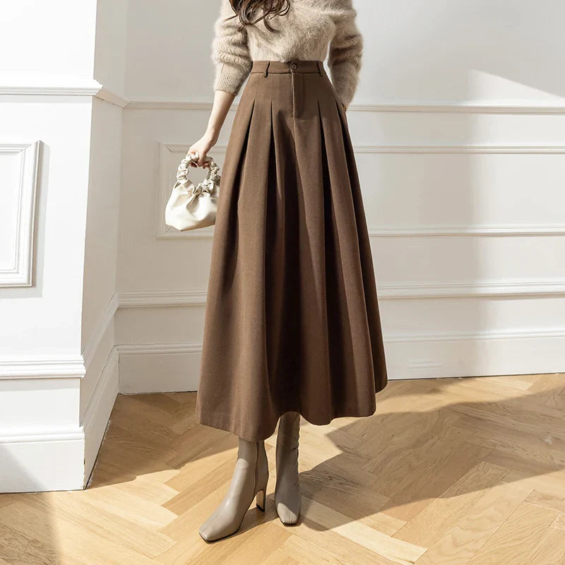 FashionSierra - 2024 New Winter Woolen Long Womens Fashion High Waist Ball Gown Pleated Korean Style Ladies Wool Skirt