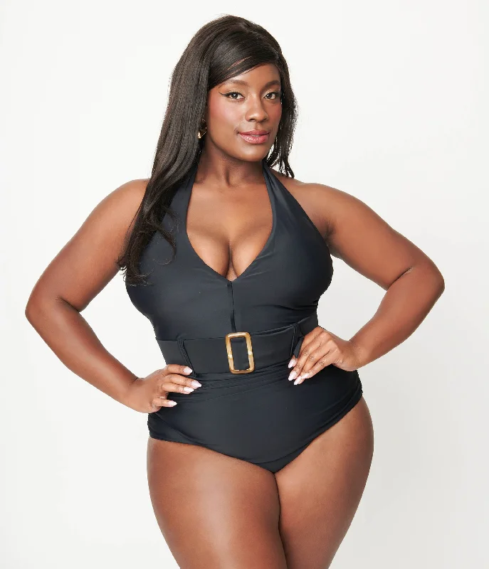 Unique Vintage Plus Size Black Belted Halter Swimsuit