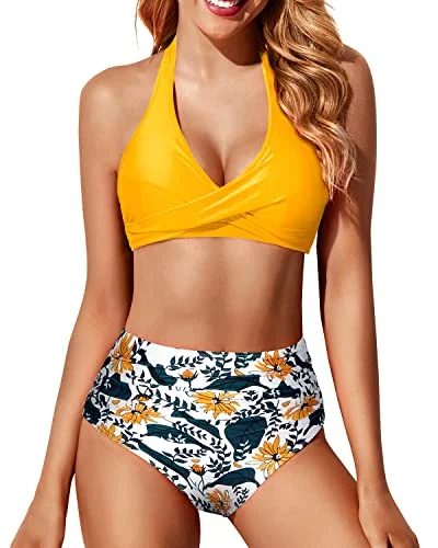 Ruched Twist Front Bikini Top With Bottoms High Waisted Swimsuit-Yellow Floral