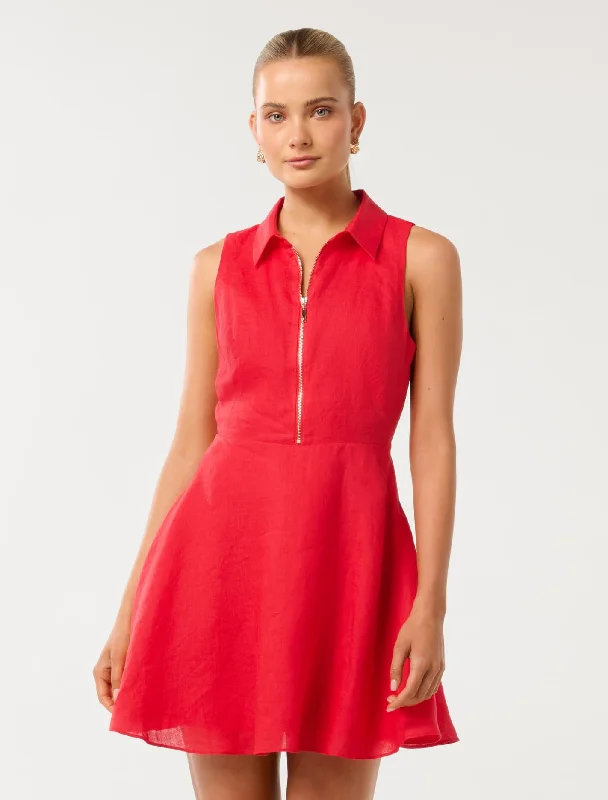 Nina Zip Front Collar Linen Mini Dress