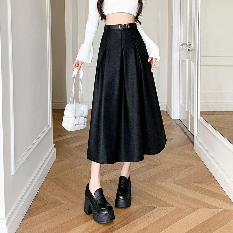 FashionSierra - 2024 New Autumn Winter Leather Long Womens Vintage High Waist A-line Pleated Ladies Fashion PU Umbrella Skirt