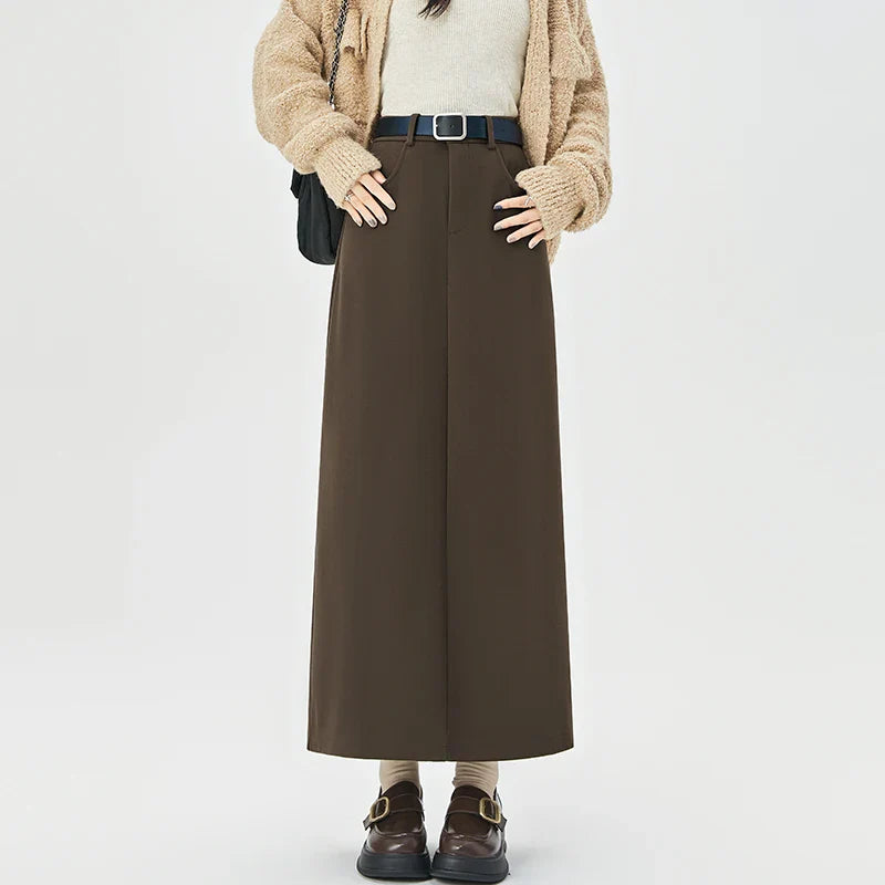 2024 New Autumn Winter Wool Blend Long Womens Fashion High Waist A-line Midi Ladies Elegant Woolen Skirt