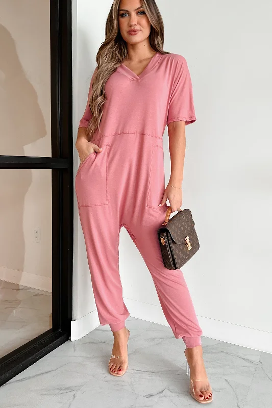 Tired Eyes Short Sleeve Slouchy Jumpsuit (Rose)