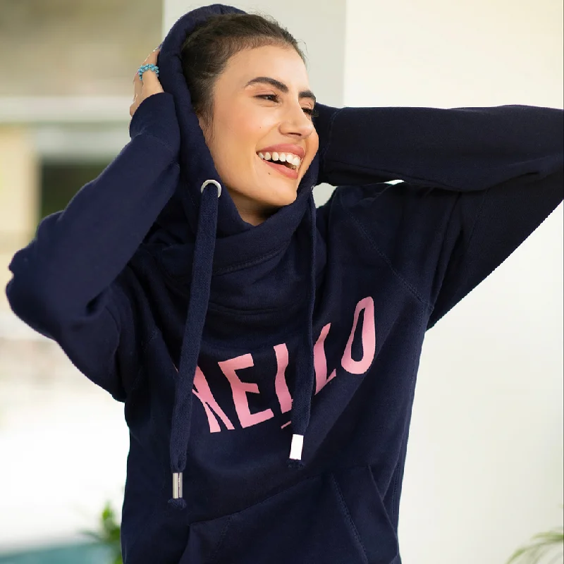 Navy Pink Hello Cowl Neck Hoodie