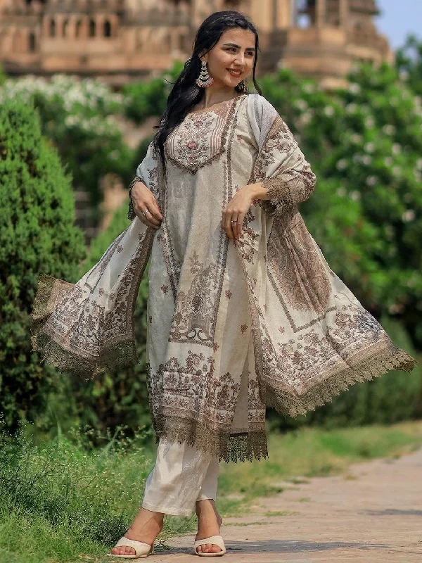 Beige Printed Silk Blend Pakistani Suit