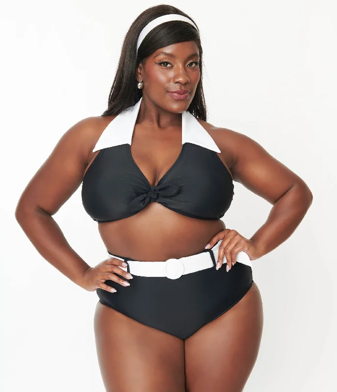 Unique Vintage Plus Size Black & White Halter Swim Top