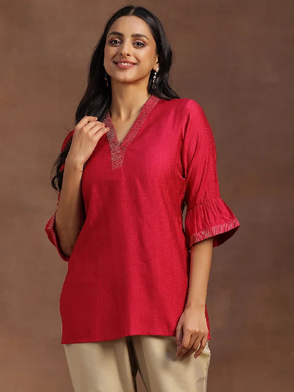 Pink Solid Silk Blend Straight Kurti