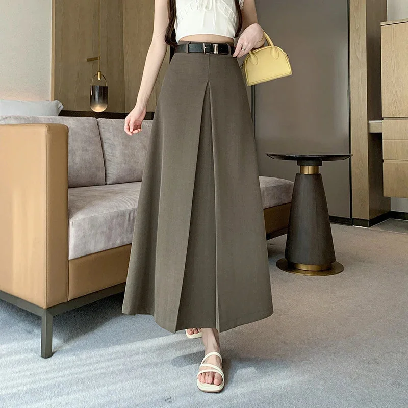 FashionSierra - 2024 Spring Summer New Women Long Fashion High Waist A-line Pleated Korean Ladies Casual Suit Skirt