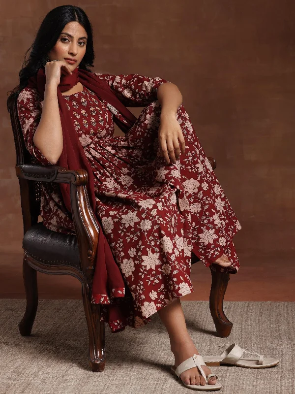 Maroon Printed Pure Cotton Anarkali Suit With Dupatta