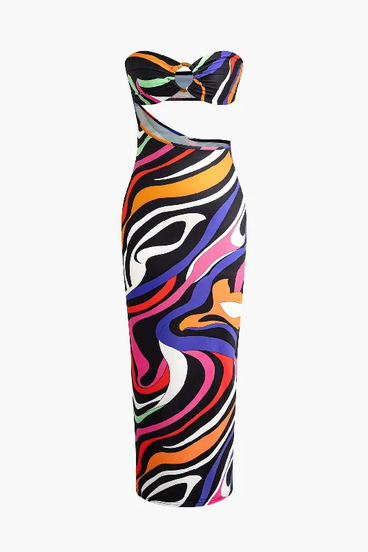 Abstract Print Cut Out Strapless Maxi Dress