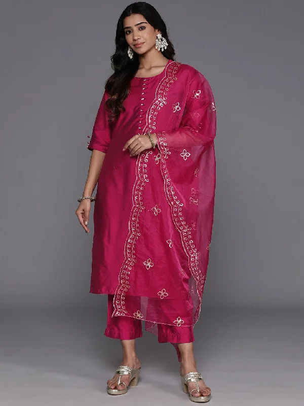 Magenta Solid Silk Blend Straight Suit With Dupatta