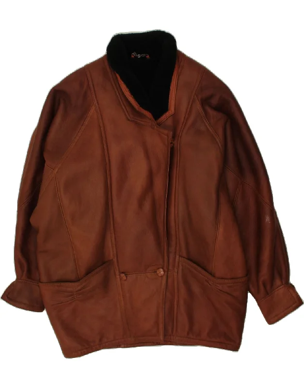 VINTAGE Womens Batwing Leather Coat UK 22 3XL Brown Leather