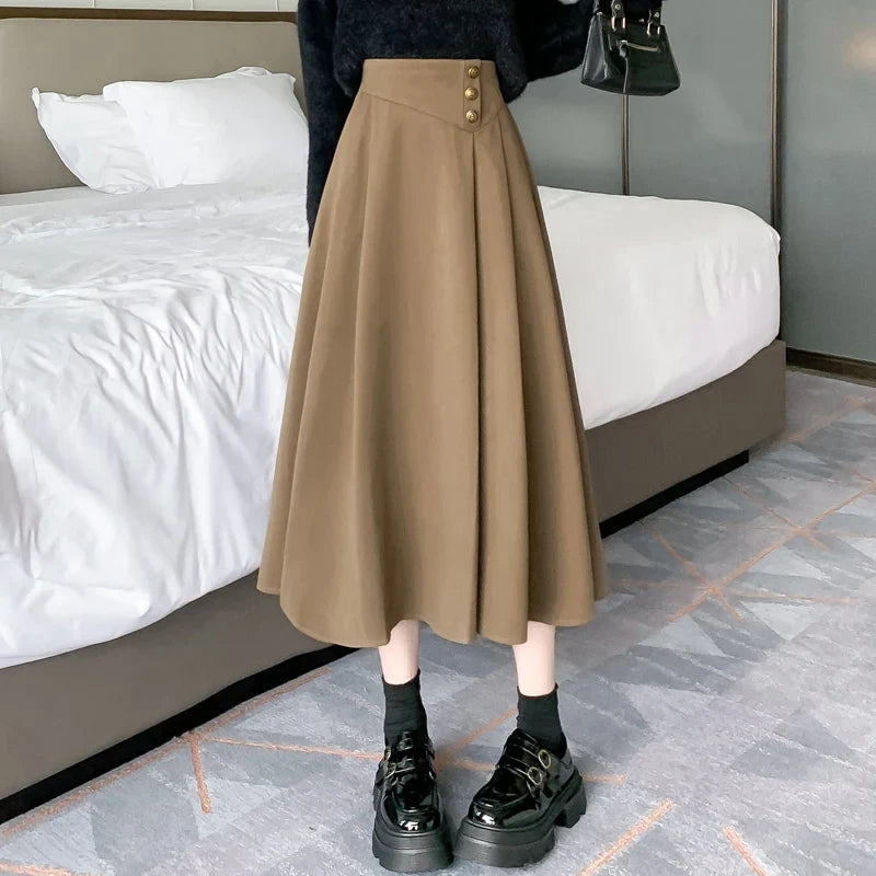 FashionSierra - New Fashion High Waist A-line Pleated Women Autumn Winter Woolen Long Office Lady Elegant Wool Skirt