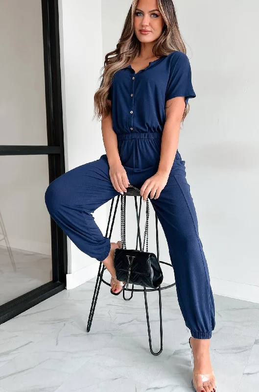 Taking The Easy Route Short Sleeve Button Detail Jumpsuit (Dark Navy)