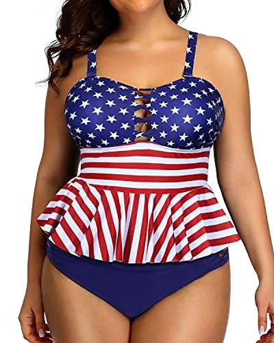 Peplum Tankini Tops Plus Size Swimsuits For Women-Us Flag