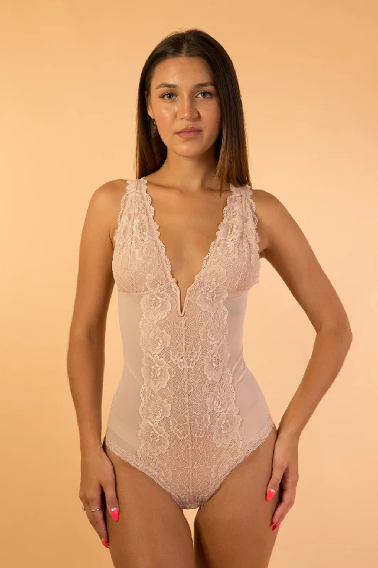 Beige V Lace Embroidery Lingerie Bodysuit