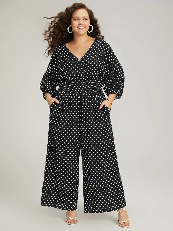 Polka Dot V Neck Knot Backless Lantern Sleeve Jumpsuit