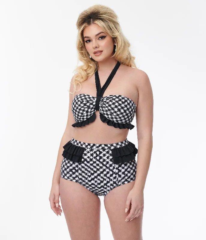 Unique Vintage Black & White Bias Gingham Twist Front Halter Swim Top