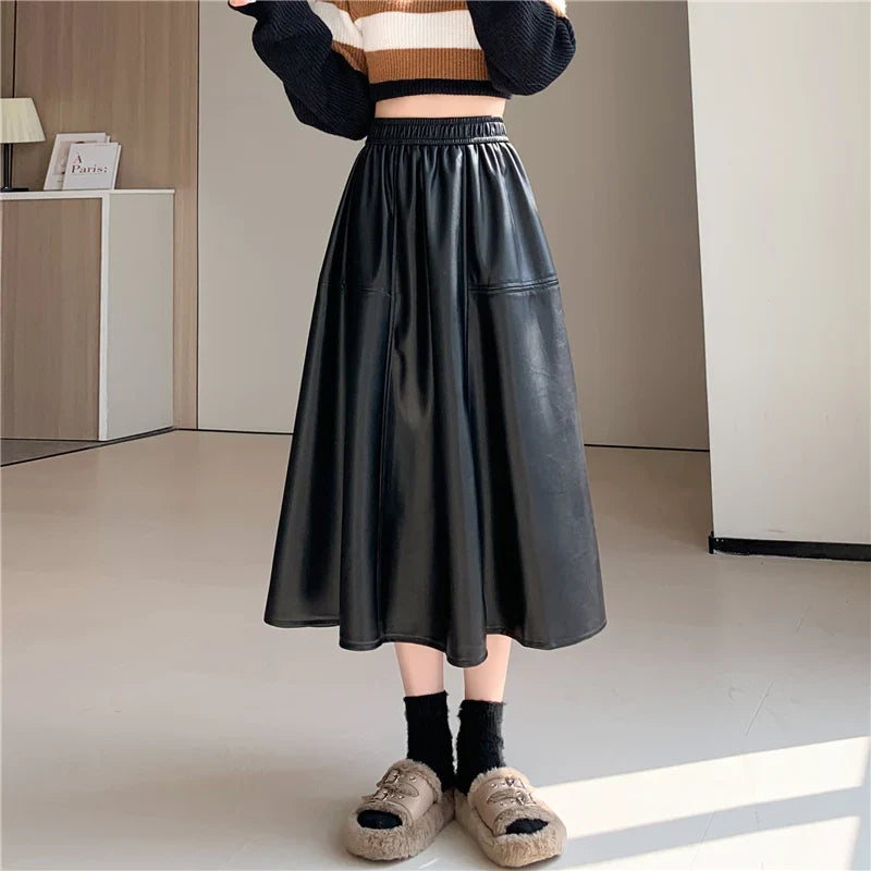 FashionSierra - Leather Women New Autumn Winter Fashion High Waist A-line PU Midi Ladies Vintage Casual Long Skirt