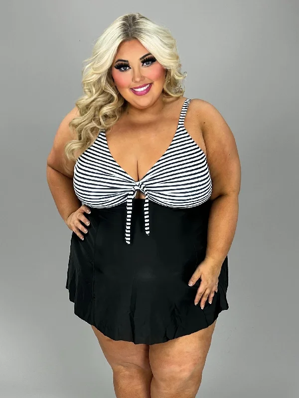 SWIM-F {Top Notch} Black/White Stripe Print 2 Pc Swimsuit CW EXTENDED PLUS SIZE 4X