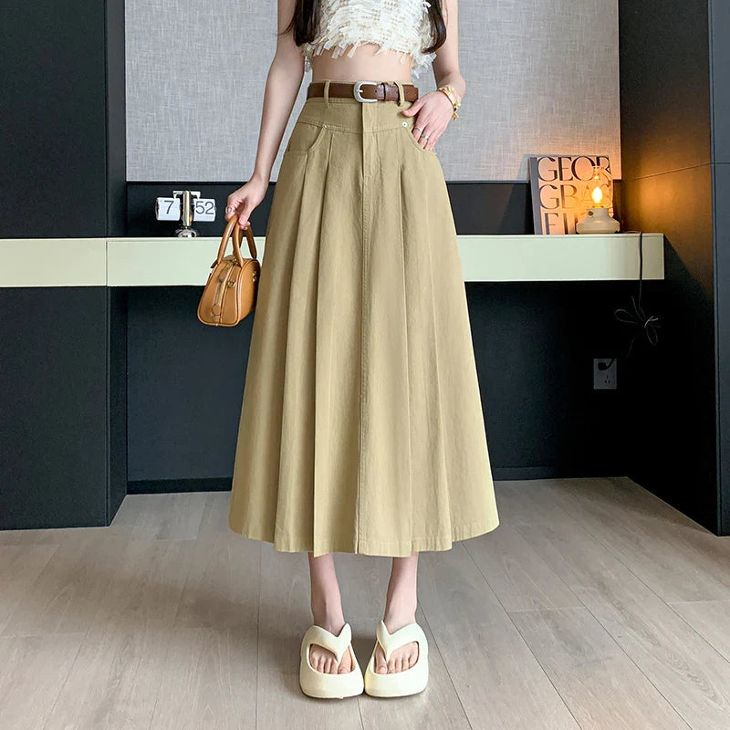 FashionSierra - New High Waist A-line Midi Pleated Denim Long Skirt