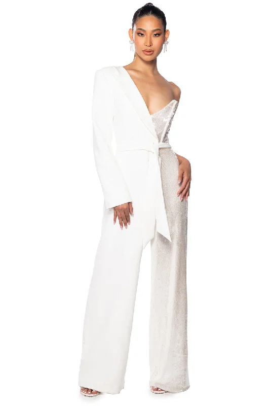 FLORA SEQUIN ONE SLEEVE JUMPSUIT IN WHITE