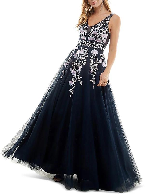 Juniors Womens Mesh Embroidered Evening Dress