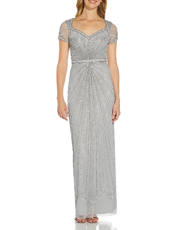 Womens Beaded Cut-Out Evening Dress