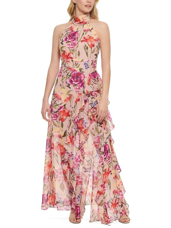 Womens Floral Polyester Halter Dress