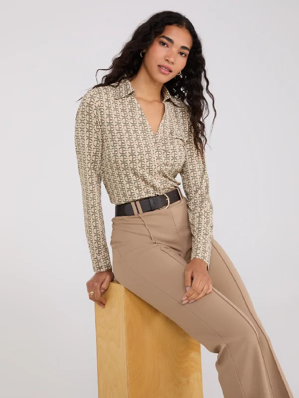 Geo Print Split Neck Button-Down Blouse