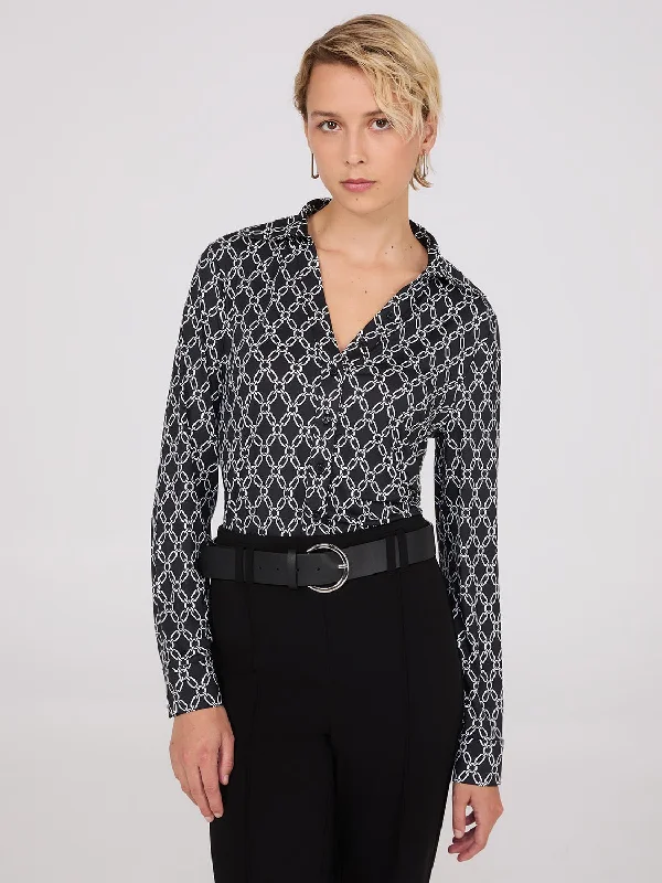 Chain Print Split Neck Button-Down Blouse